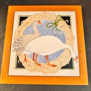 Vintage Goose Ceramic‎ Tile Art Wood Framed Wall Decor Rustic Country Farmhouse